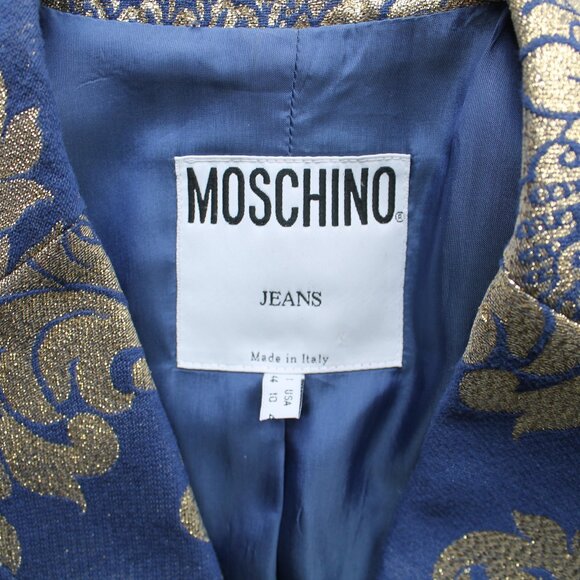Moschino Jeans 90s Vintage Metallic Notch Collar Blazer Blue Gold Size 10 - Picture 11 of 12